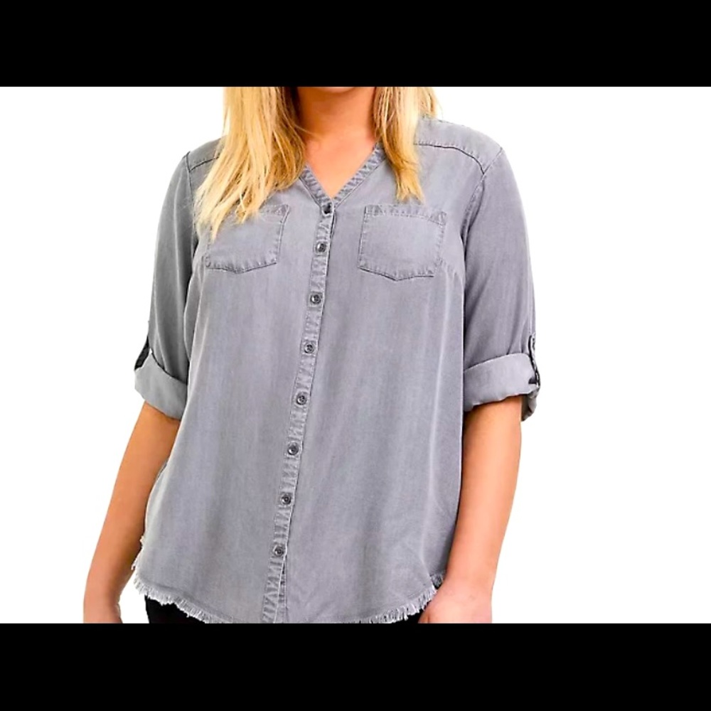 Torrid Grey button down shirt with fringe.
